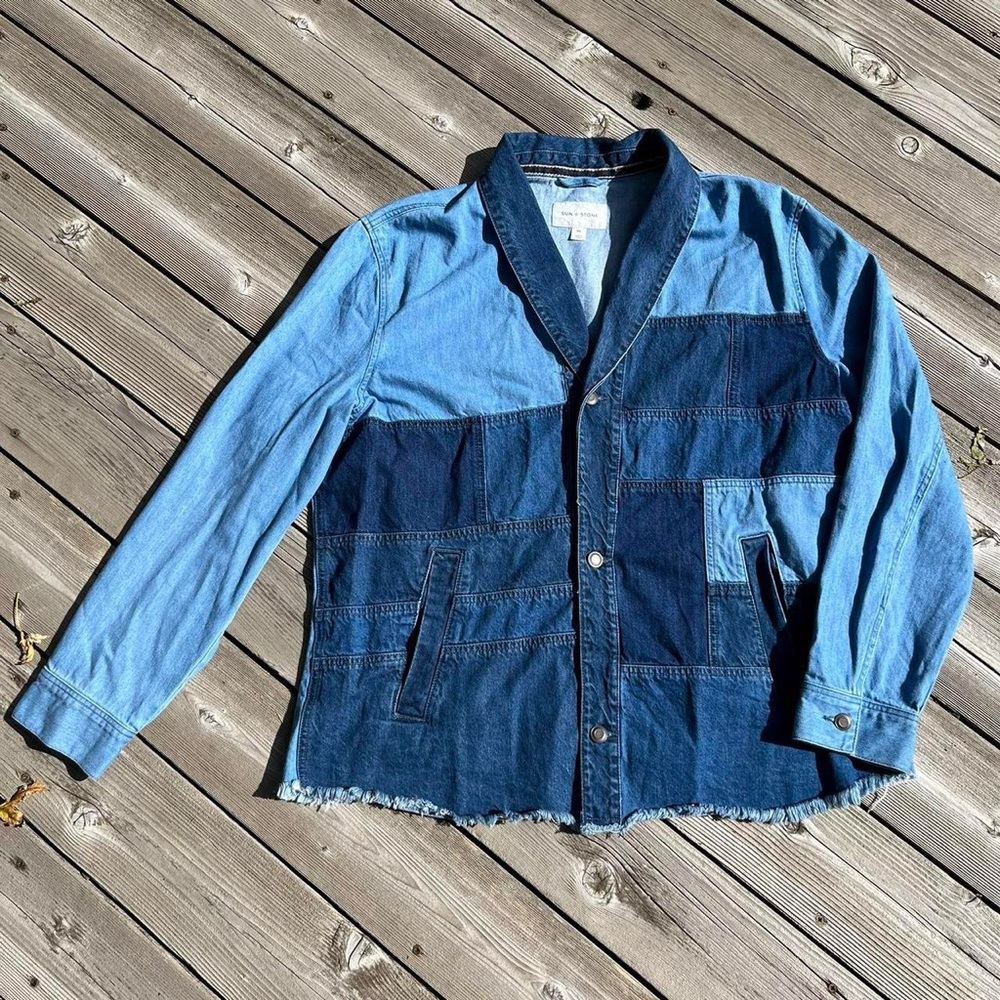 Sun + Stone Amazing Denim Patchwork Blazer Top - image 1